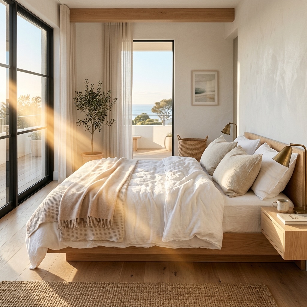 A beautifully made bed in a sunlit bedroom in low golden morning light.